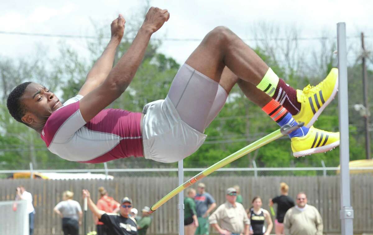 Landen Malbrough, from Central High School, on one of his attempts in the high jump. Babe Zaharias Stadium in Beaumont was the site for the District 20-4A track and field meet Monday April 8, 2013. Dave Ryan/The Enterprise