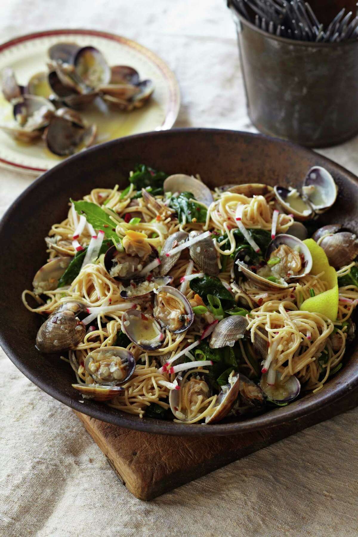 Angel Hair Pasta With Clams, Radishes, and Spinach