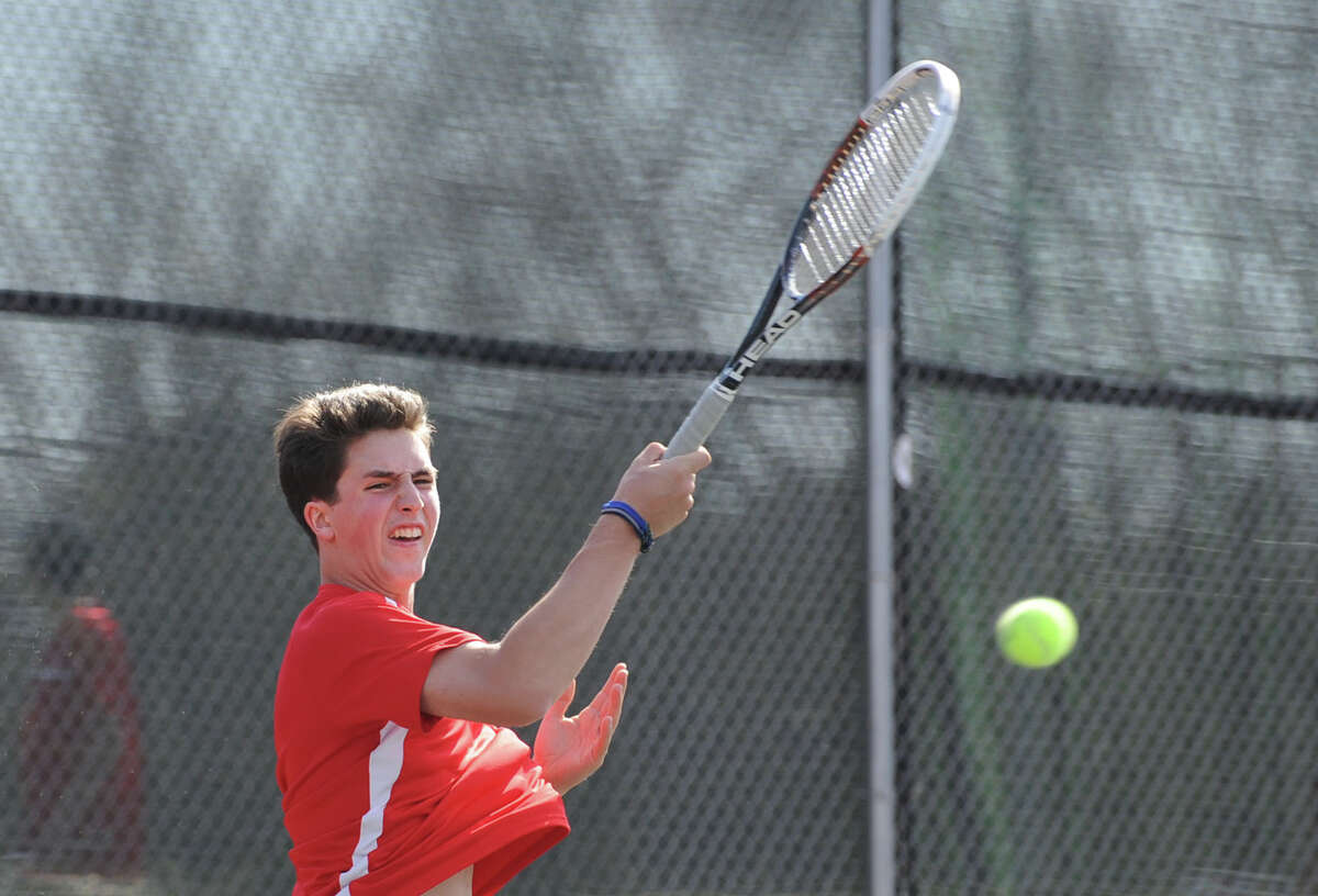 Zach Niklaus of Greenwich during his match against New Canaan's Tommy Worcester in the boys high school tennis match between Greenwich High School and New Canaan High School at Greenwich, Tuesday, April 9, 2013. Niklaus defeated Worcester and Greenwich won the match, 7-0.