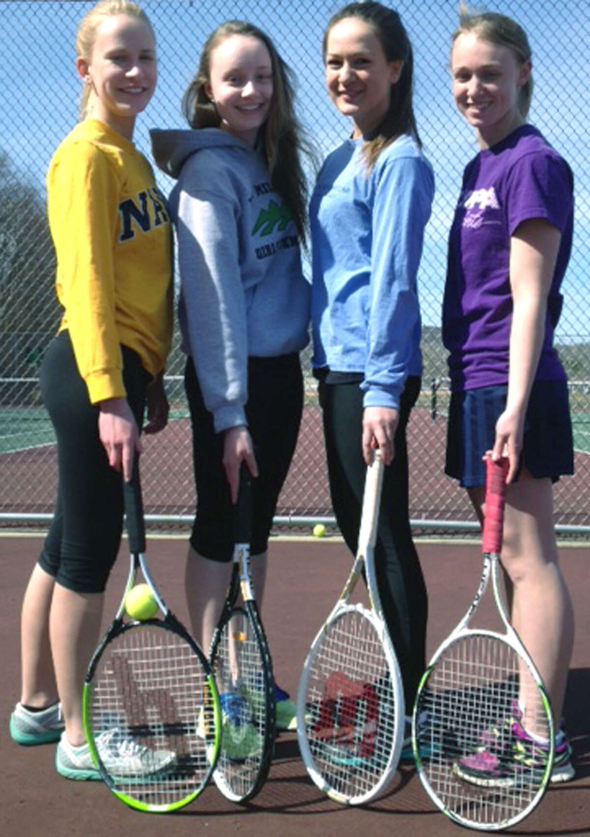 Green Wave seniors, from left to right, Lindsey Bull, Bethany Hunt, Cassie Berger and Michelle Pitcher lend leadership the cause this spring for New Milford High School girls' tennis. April 2013