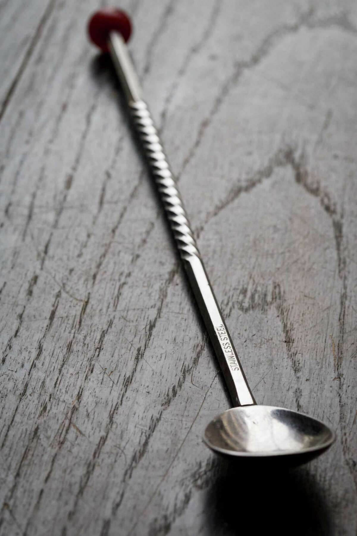 Bartender and owner Justin Burrow's favorite stirring spoon at Captain Foxheart's Bad News Bar & Spirit Lodge, Tuesday, April 2, 2013, in Houston. ( Michael Paulsen / Houston Chronicle )