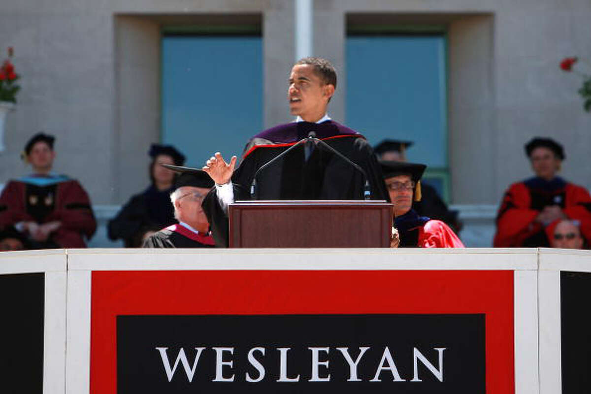 PRESIDENT BARACK OBAMA - WESLEYAN UNIVERSITY, 2008 Barack Obama delivers the commencement address at Wesleyan University May 25, 2008 in Middletown, Connecticut. Obama was stepping in for Sen. Edward M. Kennedy, who was diagnosed this week with a cancerous brain tumor.  