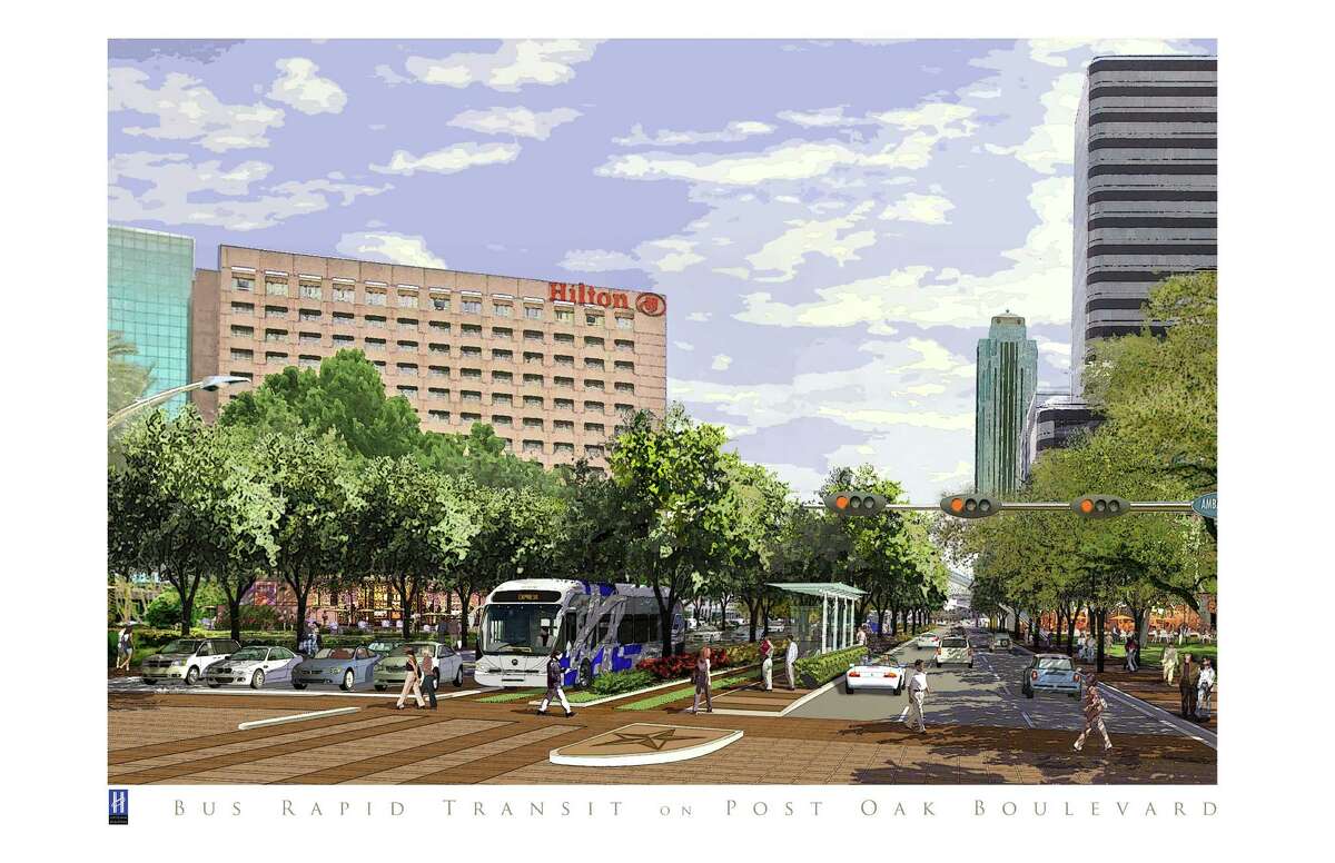 Plans for Post Oak Boulevard include the widening of the roadway for bus rapid transit lanes within the median while still preserving six lanes of automobile traffic.