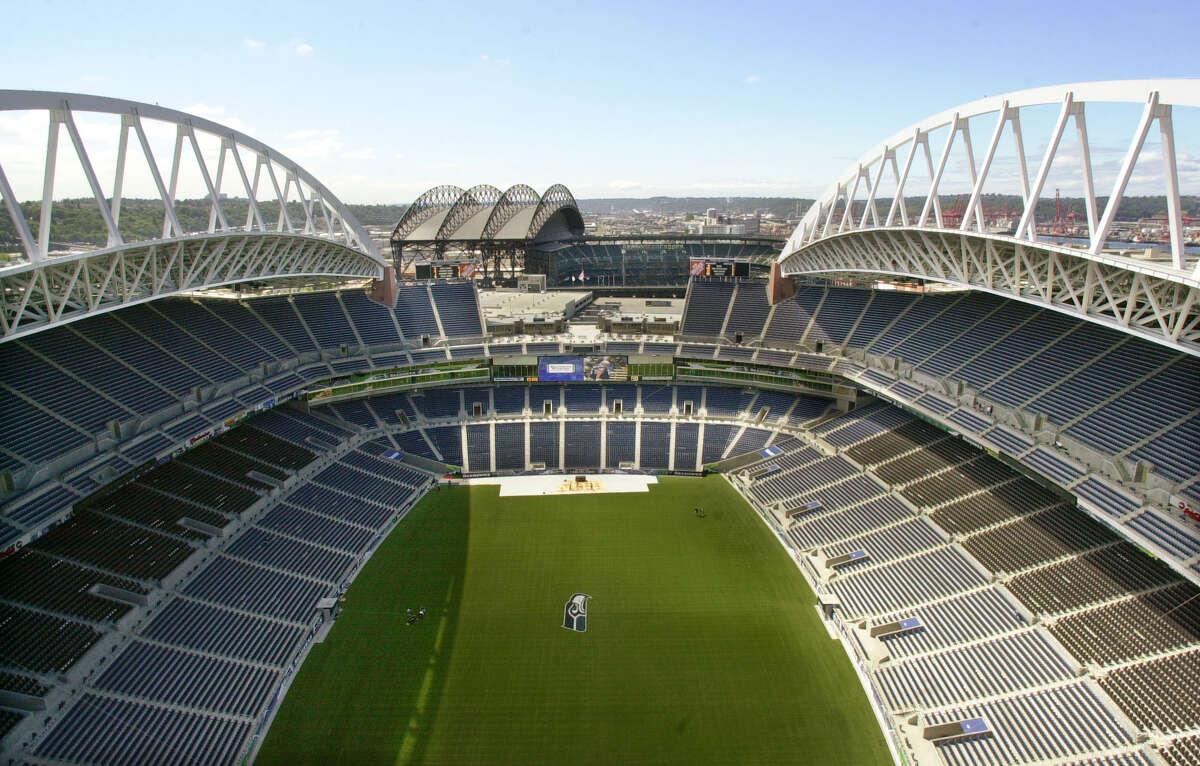 File photo - The then-new Seattle Seahawks stadium is seen from atop the north tower, looking south toward Safeco Field, on July 18, 2002. Keep clicking for photos of CenturyLink Field through the years...