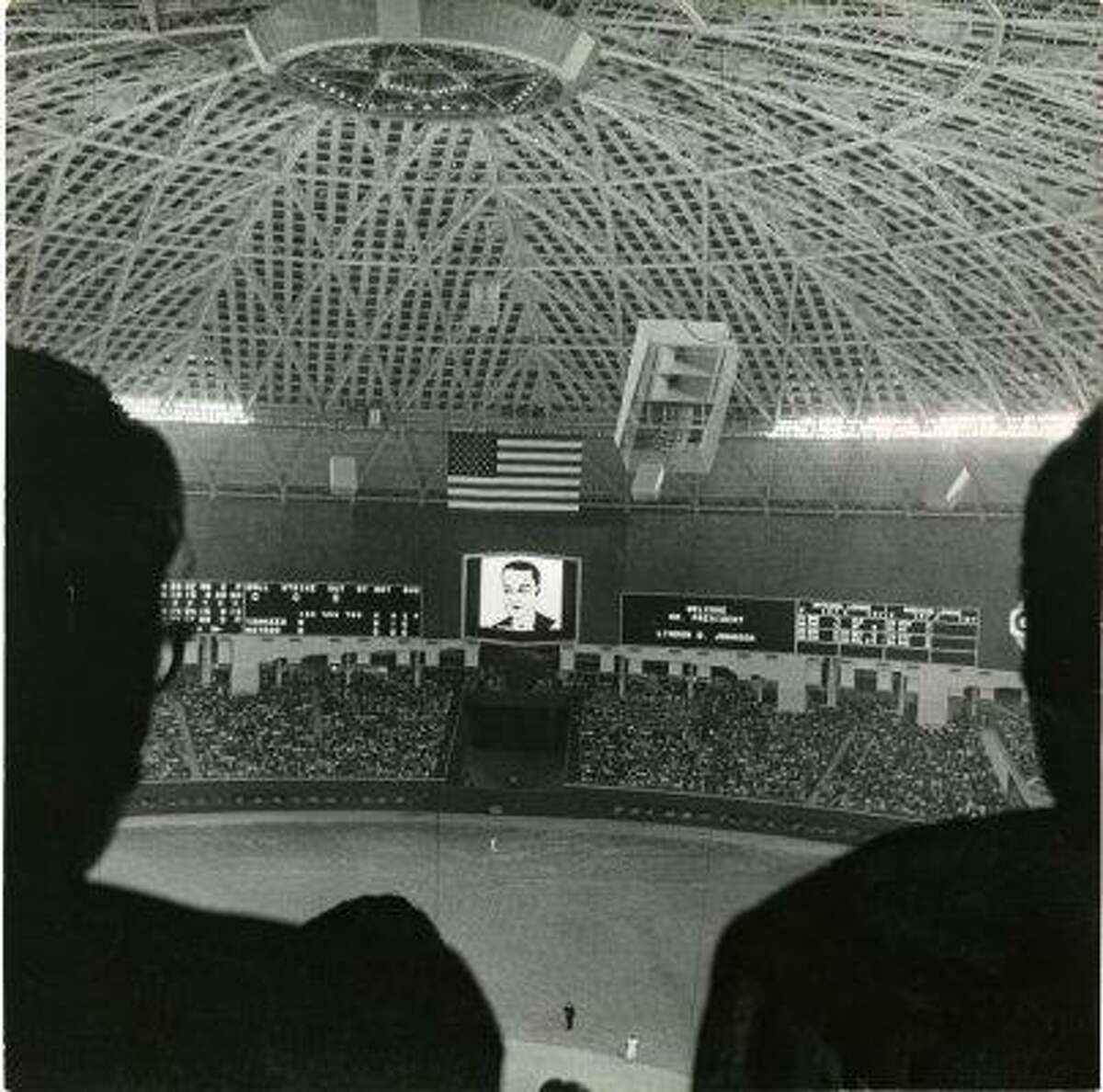 The Astrodome scoreboard lit up in 1965 to welcome President Lyndon Baines Johnson to the world's first indoor baseball game.