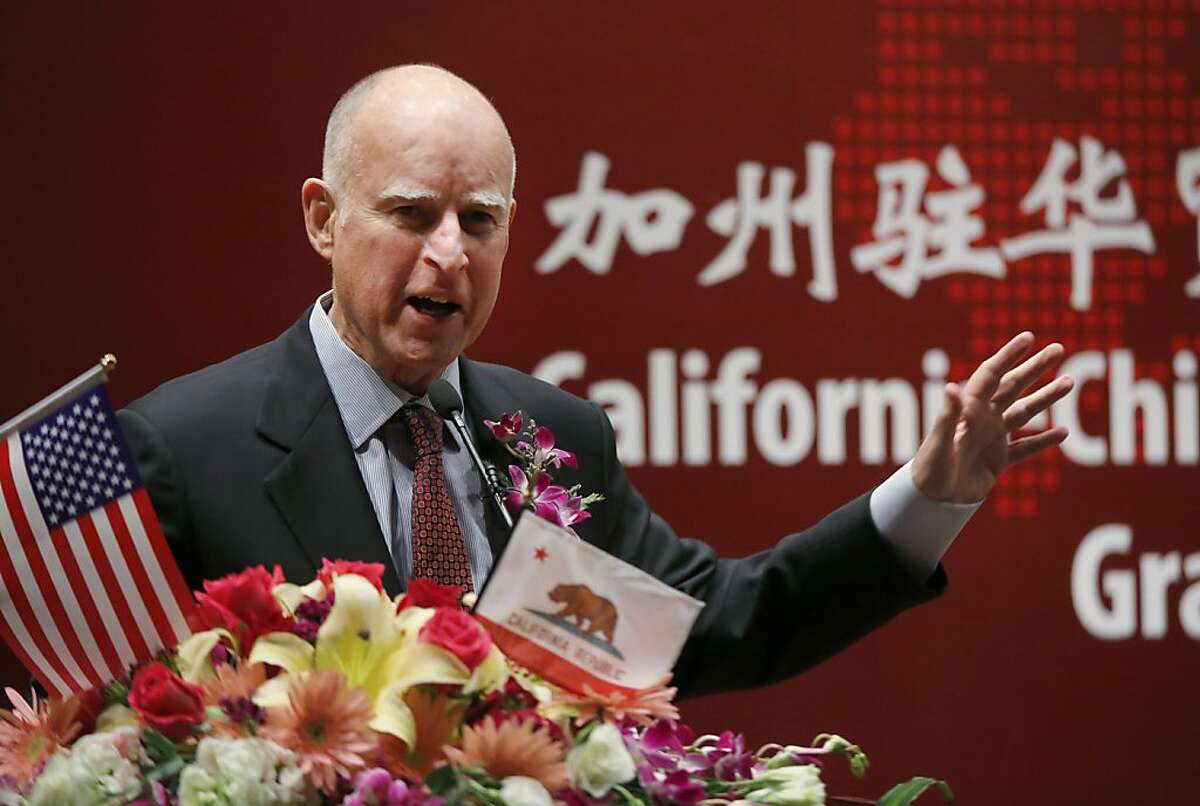 California Gov. Jerry Brown speaks during the official unveiling ceremony and opening of the California-China Office of Trade and Investment on Friday April 12, 2013 in Shanghai, China. (AP Photo)