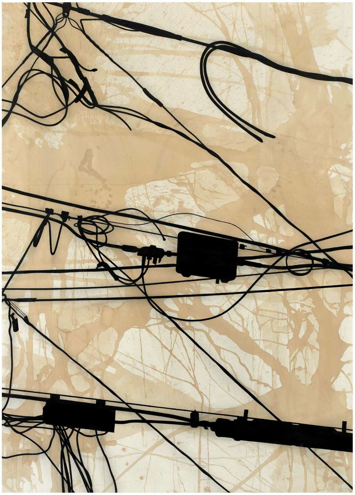 "Grid Your Lines" - a drawing made with coffee and ink - hangs at Hobby Airport.