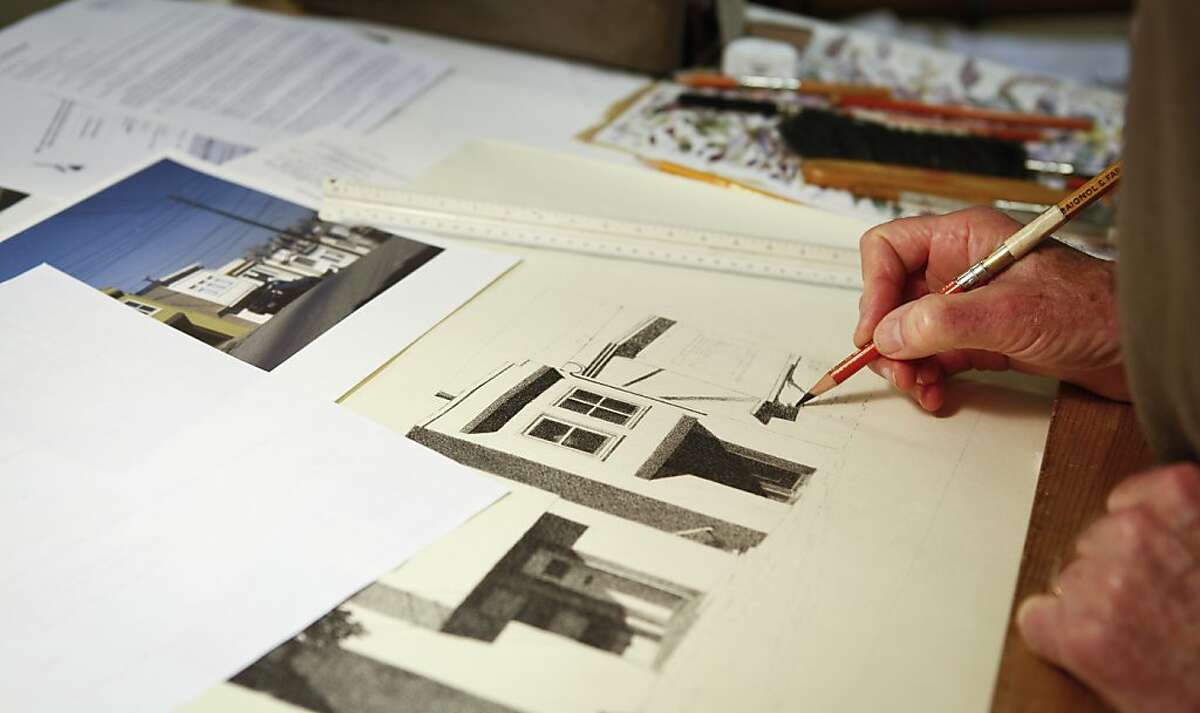 Artist Robert Bechtle works on a drawing in his Portrero Hill home studio in San Francisco, Calif., on Tuesday, Dec. 11, 2012.