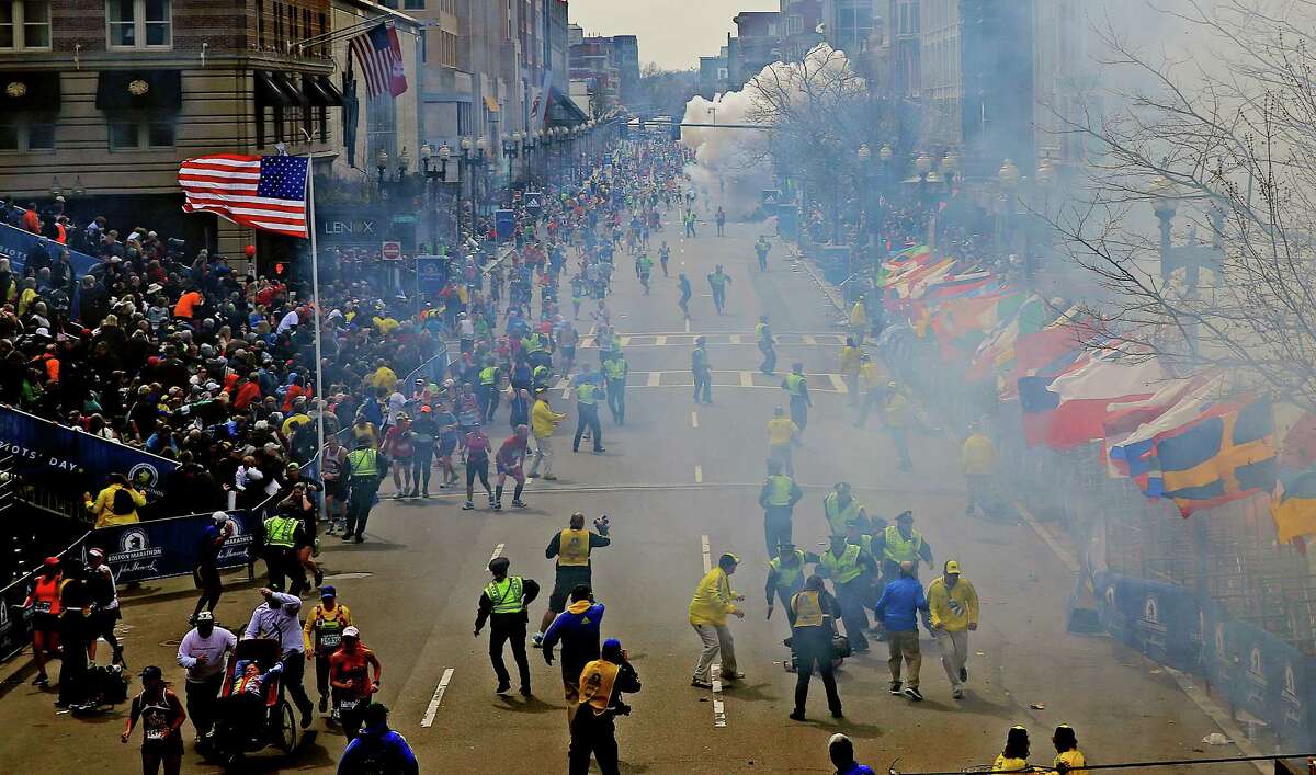 A second explosion goes off near the finish line of the 117th Boston Marathon on April 15, 2013.