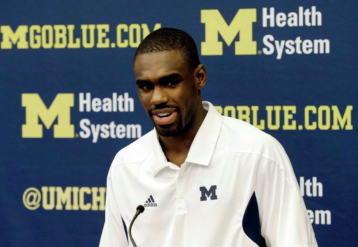 Michigan's Tim Hardaway Jr., announces he will enter the NBA draft and skip his senior basketball season during a news conference in Ann Arbor, Mich., Wednesday, April 17, 2013. (AP Photo/Paul Sancya)