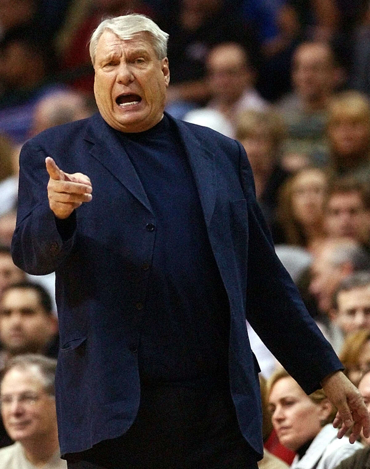 Dallas Mavericks head coach Don Nelson shouts directions during the first half against the Chicago Bulls in Dallas, in this Feb. 8, 2005 file photo. The Golden State Warriors will re-hire Nelson, the second-winningest coach in NBA history and the last coach to lead the downtrodden Warriors to the playoffs after coach Mike Montgomery was dismissed by the Warriors on Tuesday, Aug. 29, 2006. (AP Photo/LM Otero)
