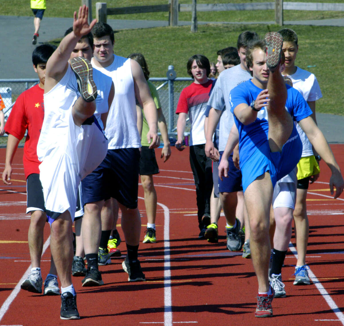 Lucas Guliano, left, and Ben Steers lead the Spartans through pre-season preparations for the Shepaug Valley HIgh School boys' track campaign, April 2013