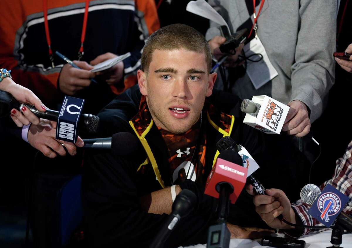 Stanford tight end Zach Ertz answers a question during a news conference at the NFL football scouting combine in Indianapolis, Thursday, Feb. 21, 2013. (AP Photo/Michael Conroy)