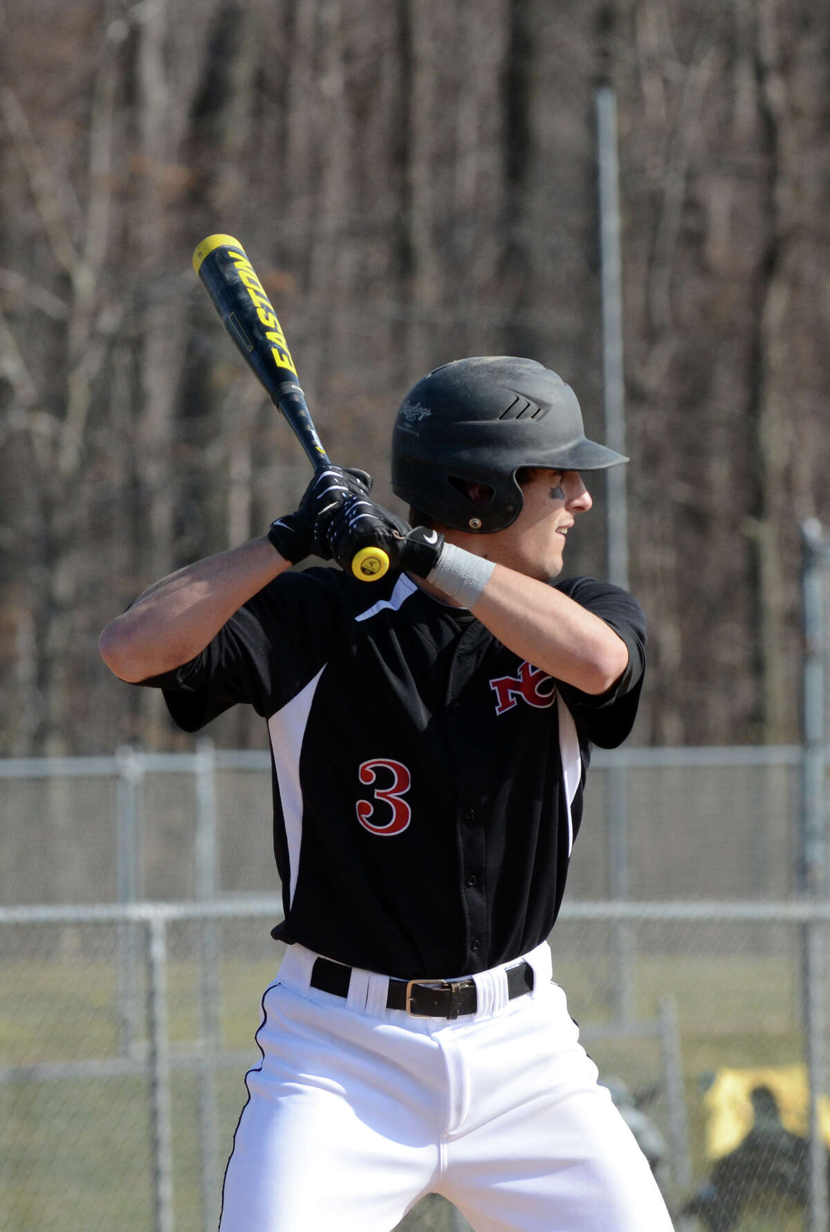 New Canaan's Andrew Casali (3) at bat during ta game against Trumbull earlier this season.