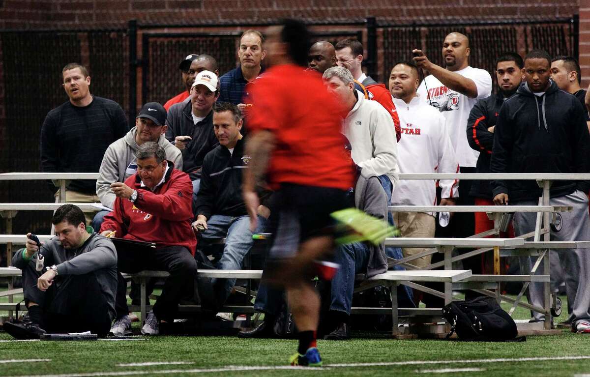Defensive lineman Star Lotulelei performs the 40-yard dash during Utah's NFL pro day on March 20. He had a lot more resistance his senior season when he faced multiple blockers on almost every play.