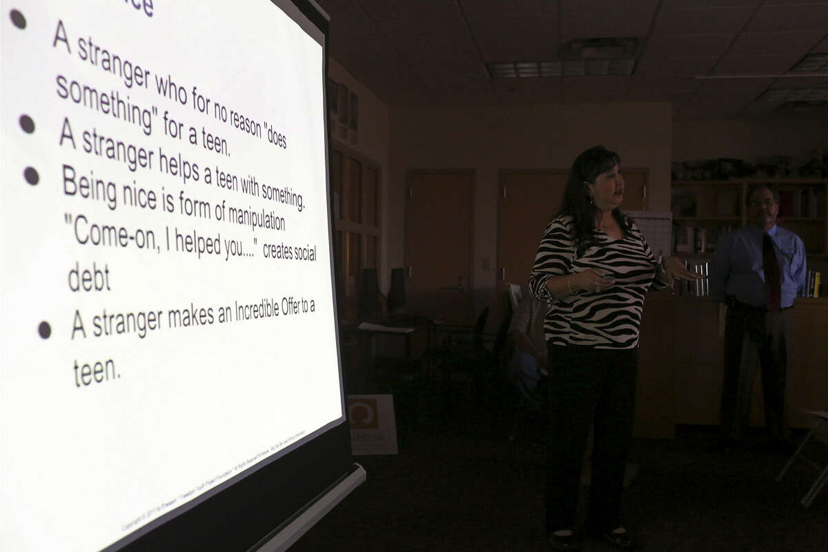 Nilda Castellanos and husband Saul Castellanos give a presentation at the Barshop Jewish Community Center on how sex traffickers use charm to lure young victims.