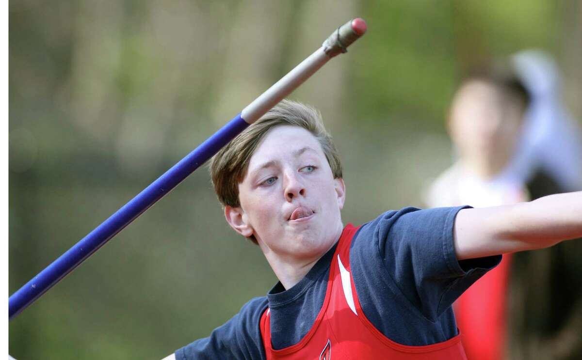 Greenwich's Dan Gazaille puts everything into his javelin toss of 77 feet 11 inches during a FCIAC track meet in Greenwich, Conn. on Monday, April 22, 2013.
