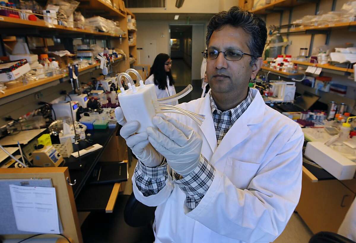 Bioengineering professor Shuvo Roy holds a prototype model of an implantable artificial kidney currently under development by Roy and his research team at UCSF's Mission Bay campus in San Francisco, Calif. on Friday, April 19, 2013.