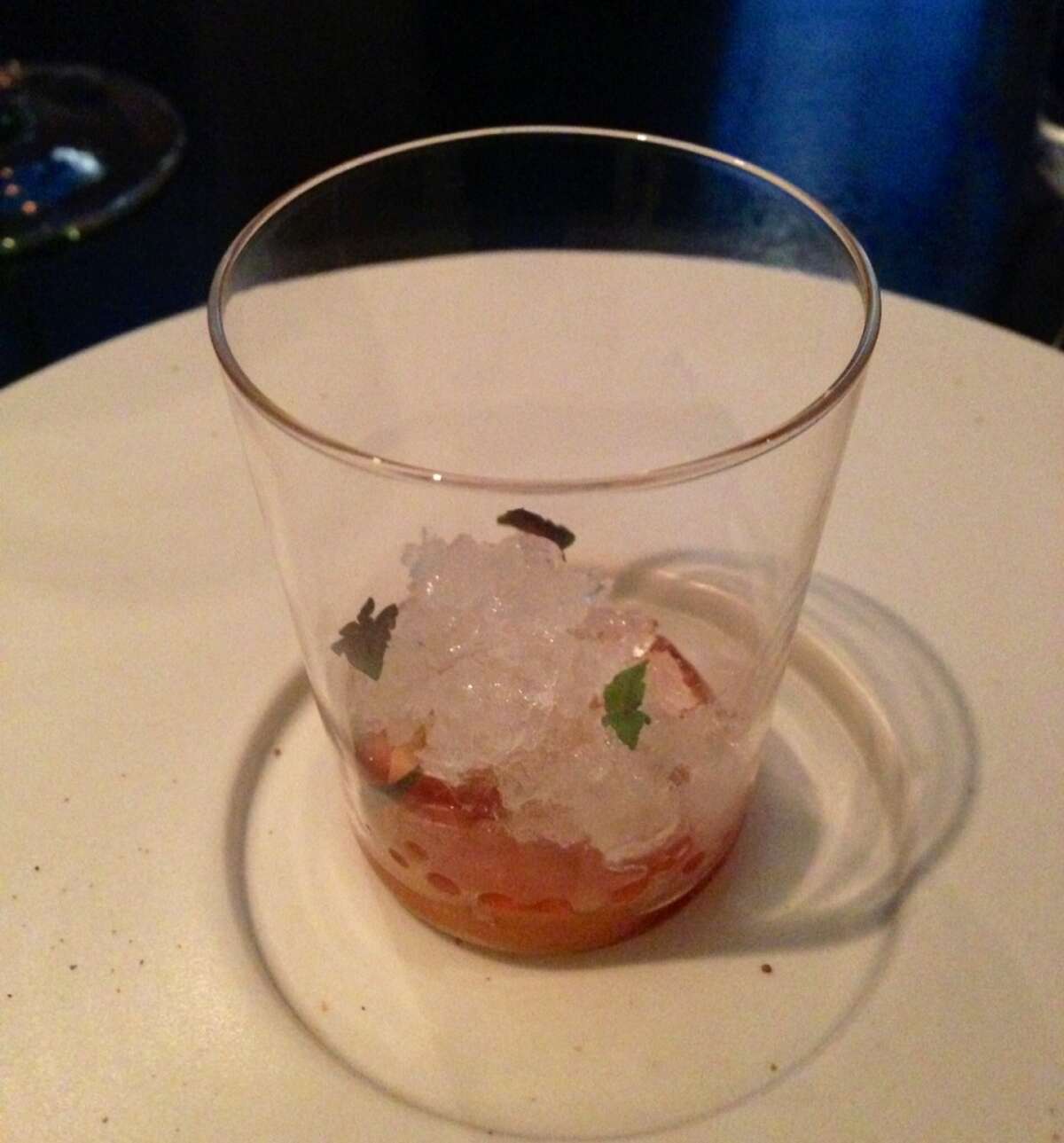 Monkfish liver with trout roe and sake ice.