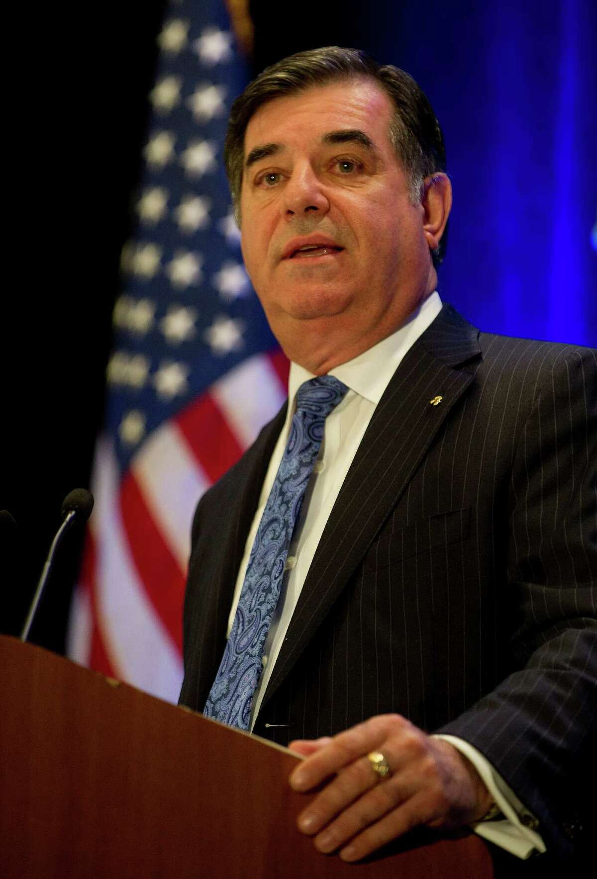 Stamford Mayor Michael Pavia presents the State of the City Address to the Chamber of Commerce at the Stamford Marriott Hotel on Wednesday, April 24, 2013.