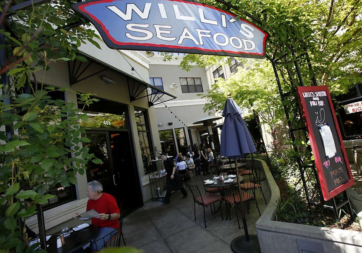 Willi's Seafood has an attractive patio area for dining. The downtown plaza area of Healdsburg, Calif. has become a real attraction for wine and food in Sonoma County.