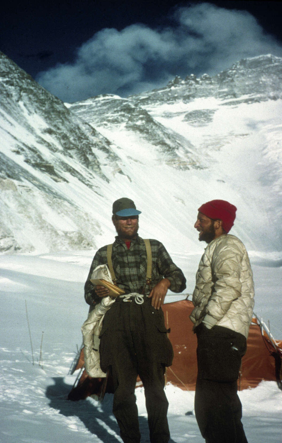 Willi Unsoeld and Tom Hornbein at Camp 2 on their climb of the west ridge of Everest, and traverse of the world's highest peak.  They spent a night huddled at 27,900 feet..