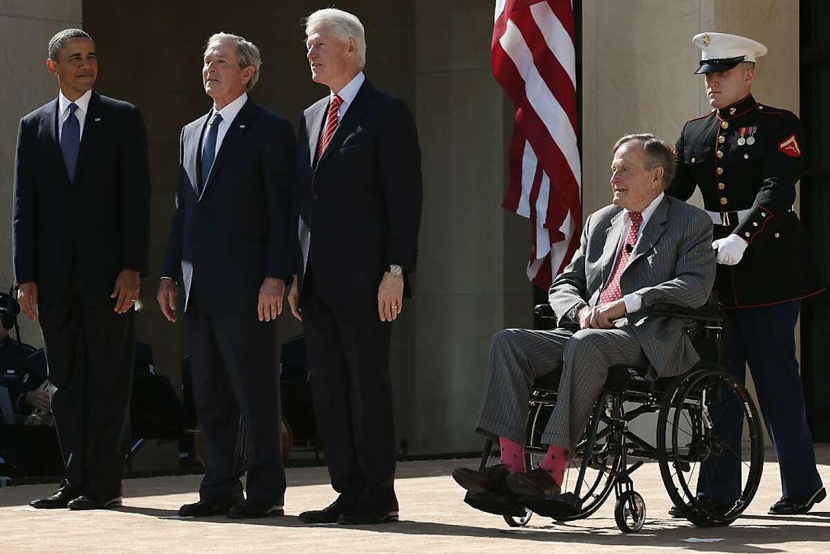 DALLAS, TX - APRIL 25: (L-R) U.S. President Barack Obama, former President George W. Bush, former President Bill Clinton and former President George H.W. Bush attend the opening ceremony of the George W. Bush Presidential Center April 25, 2013 in Dallas, Texas. The Bush library, which is located on the campus of Southern Methodist University, with more than 70 million pages of paper records, 43,000 artifacts, 200 million emails and four million digital photographs, will be opened to the public on May 1, 2013. The library is the 13th presidential library in the National Archives and Records Administration system. (Photo by Alex Wong/Getty Images)