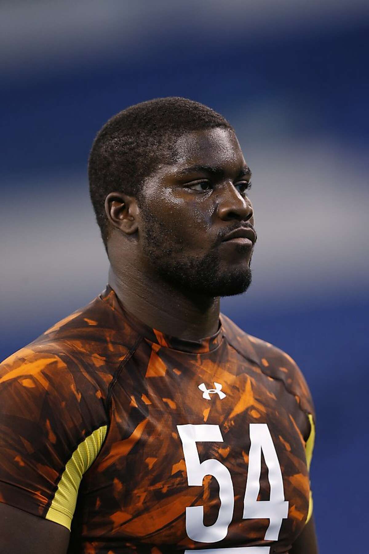 INDIANAPOLIS, IN - FEBRUARY 23: Menelik Watson of Florida State looks on during the 2013 NFL Combine at Lucas Oil Stadium on February 23, 2013 in Indianapolis, Indiana. (Photo by Joe Robbins/Getty Images)