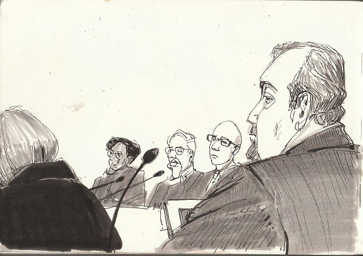 A drawing by CCSF Instructor of Drawing Diane Olivier shows the back of Vice Chancellor Joanne Low, from left, Chancellor Thelma Scott-Skillman, Special Trustee Bob Agrella, Trustee Raphael Mandelman, attorney Scott Dickeyï¿¼ during a meeting.