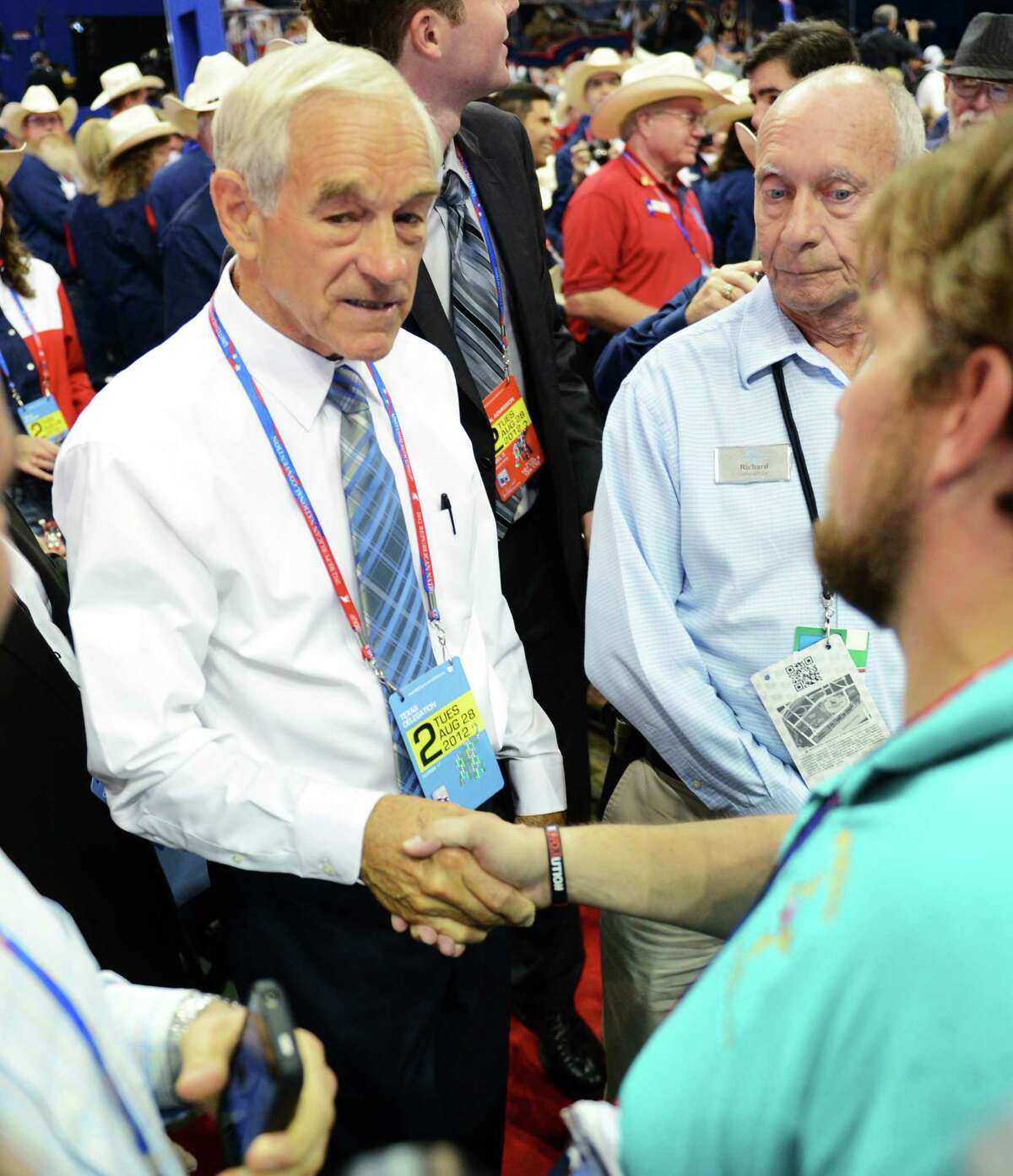 Rep. Ron Paul (R-TX/14) greets convention attendees at the second session of the 2012 Republican National Convention at the Tampa Bay Times Forum in Tampa, Tuesday, August 28, 2012. (Lionel Hahn/Abaca Press/MCT)