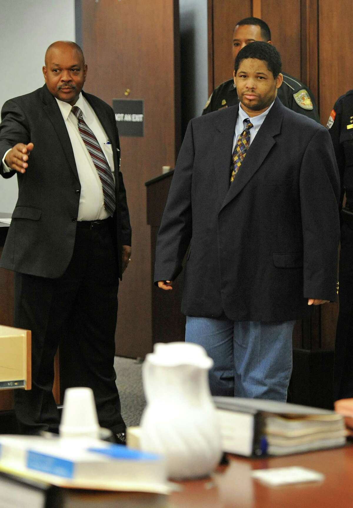 Bartholomew Granger enters the Galveston County courtroom shortly before closing arguments on Tuesday. After the arguments the jury was excused to deliberate on capital charges for the shooting death of Minnie Ray Sebolt. Guiseppe Barranco/The Enteprise