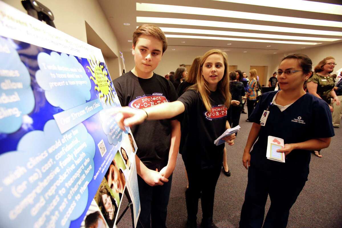 Reagan Naylor, 15, and Jane Emma Barnett, 14 speak with Eva Prieto about their poster as part of Metro Health�s Project WORTH is hosting the National Day to Prevent Teen Pregnancy � Mapping Our Future to 2020 event on Wednesday May 1, 2013.