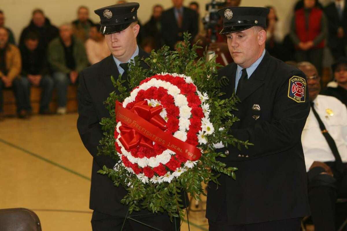 Stratford K9 Officer Zak is memorialized in a service at the Birdseye Municipal Complex on Friday, Jan. 8, 2010. His partner was Officer Thomas Clements. Stratford Fire, Police and K-9 partners from all over the state attended the service.