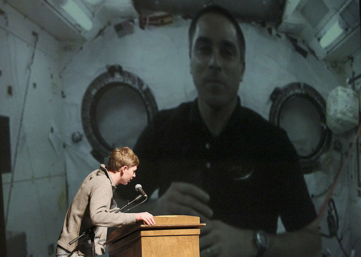 Fredericksburg High School senior Hunter Fries asks a question of International Space Station Commander Chris Cassidy during a special uplink from the Johnson Space Center.