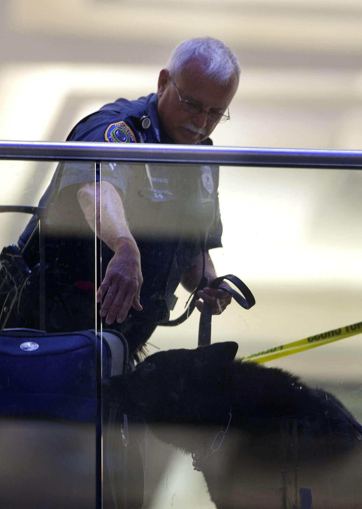 A police officer instructs a to dog to sniff luggage as they investigate the airport scene.