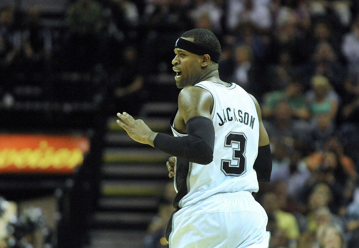 Stephen Jackson of the Spurs reacts after hitting a three-point shot against Golden State during NBA action at the AT&T Center on Wednesday, March 20, 2013.