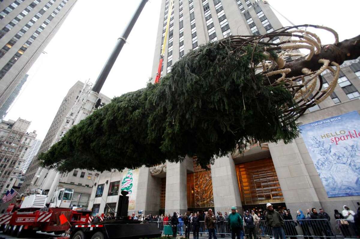 Workers and pedestrians watch as the Rockefeller Center Christmas Tree is raised in the air in New York, Thursday, Nov. 12, 2009. The over 10 tons, 76 foot tall tree from Easton CT was lit for the holidays on Dec. 2, 2009. (AP Photo/Seth Wenig)