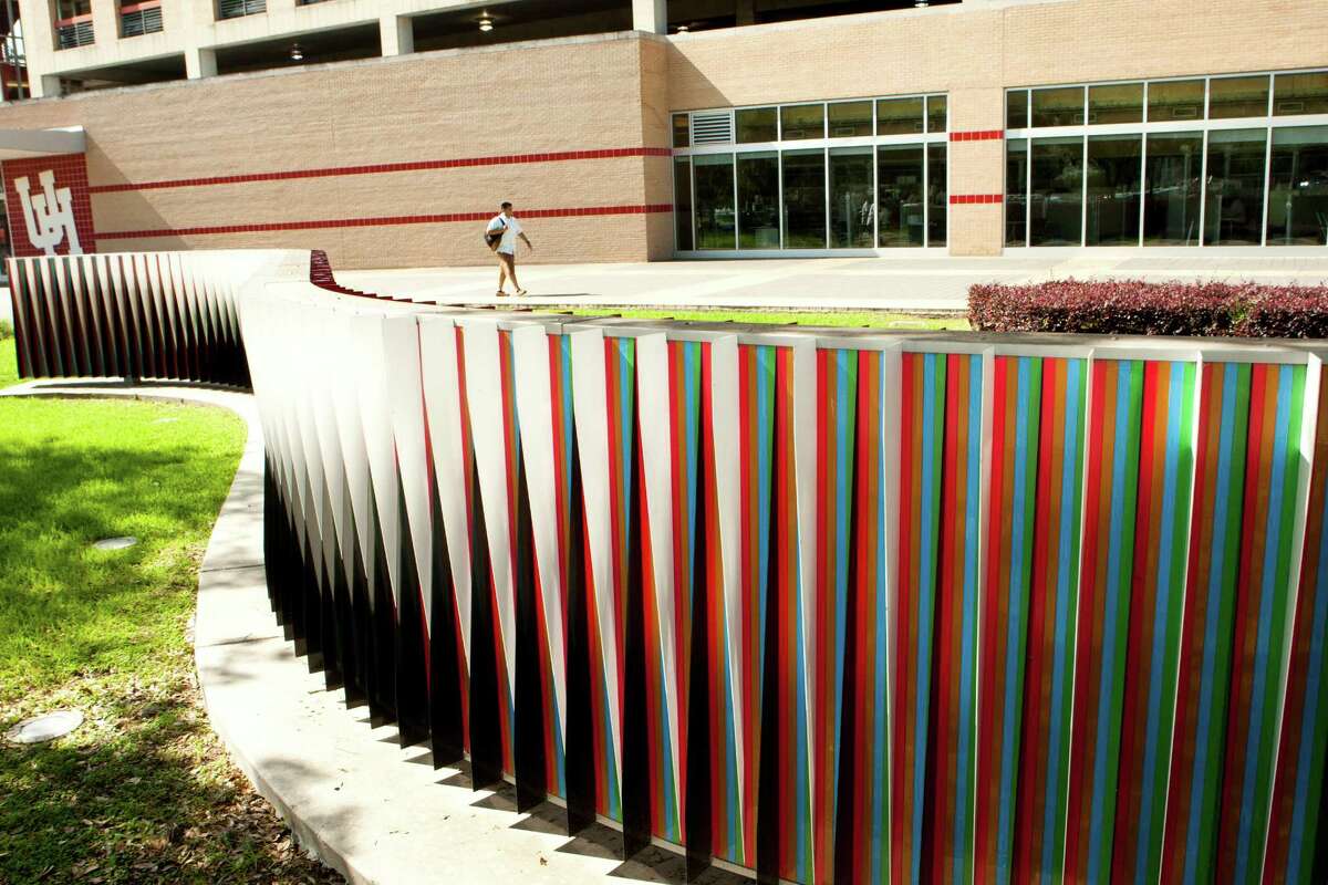 Carlos Cruz-Diez's first U.S. public art commission, "Double Physichromie (for the University of Houston)" is near the UH Welcome Center.