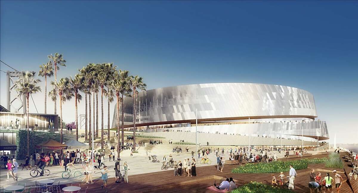Close up shot of the the planned new Golden State Warriors arena that features lots of glass, medal and a spiral exterior walkway with full views of the bay and city skyline. Image courtesy the Golden State Warriors.