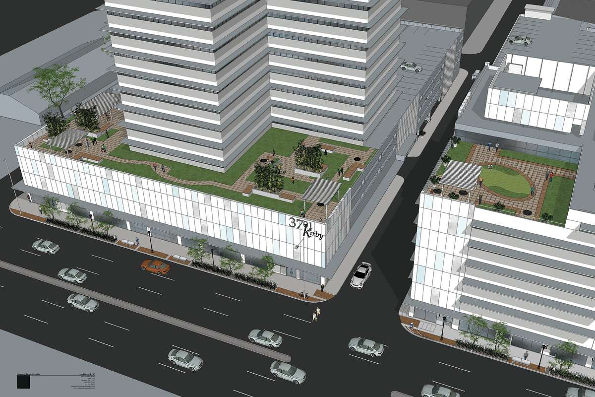 This rendering shows two Kirby Drive office buildings that are being renovated to include rooftop decks. Their new facades will be covered in a vinyl fabric material. The buildings, just south of Richmond, were developed in the 1960s.
