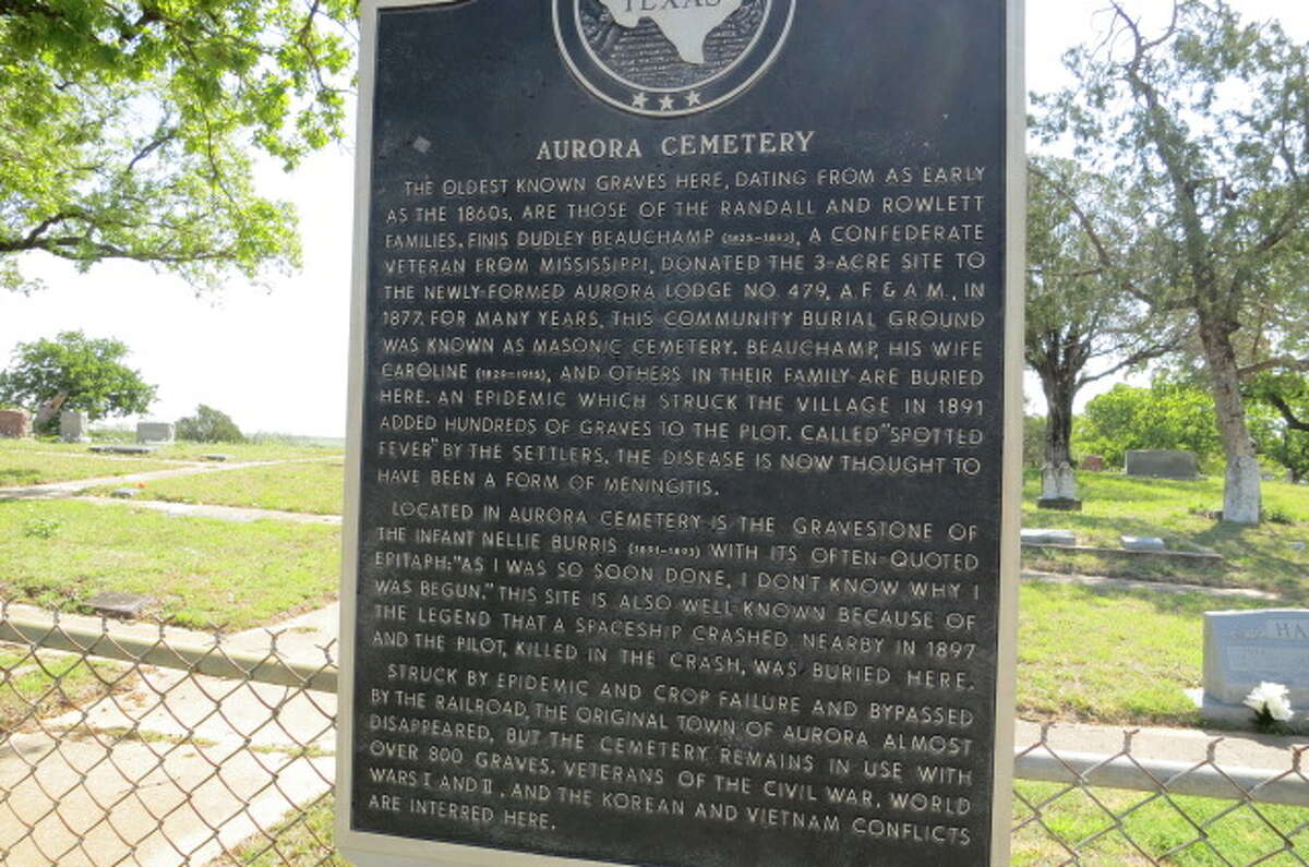 A Texas Historical Marker at the Aurora Cemetery documents the strange tale of a 19th century “undocumented alien.”, Monday, April 22, 2013, in Aurora, Texas.