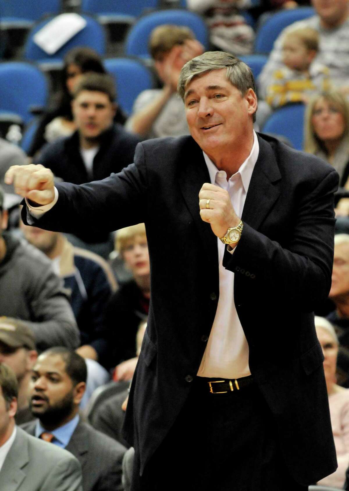 FILE- In this Jan. 11, 2011, file photo, then-Minnesota Timberwolves assistant coach Bill Laimbeer directs the team after head coach Kurt Rambis was ejected during a 10-second spree of five technical fouls during the second half of an NBA basketball game in Minneapolis. Days before the Liberty open their first training camp under Bill Laimbeer, the veteran coach promises that the team will be more fun to watch. (AP Photo/Jim Mone, File)