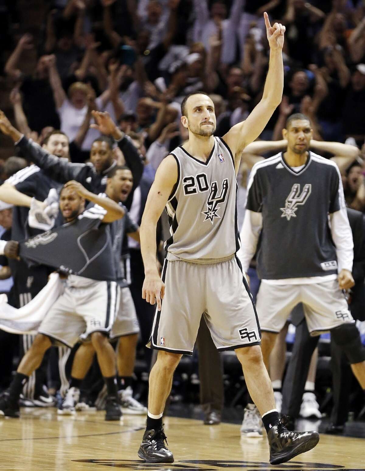 San Antonio Spurs' Manu Ginobili reacts after making a 3-pointer late in double overtime of Game 1 in the NBA Western Conference semifinals against the Golden State Warriors Monday May 6, 2013 at the AT&T Center. The Spurs won 129-127 in double overtime.