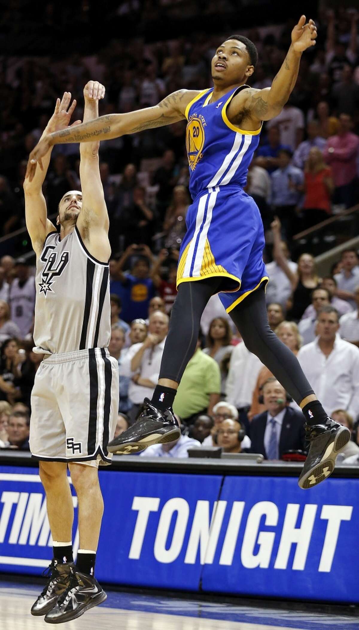 BEST — 2013 WEST SEMIFINALS Moment: Game 1 Victim: Golden State Note: Had missed 7 of 8 3-pointers and 15 shots overall before knocking down the game-winner in the second overtime. PHOTO: Ginobili watches his game-winning 3-pointer as he is defended by the Warriors' Kent Bazemore late in double overtime of Game 1 in the Western Conference semifinals on May 6, 2013, at the AT&T Center. The Spurs won 129-127 in double overtime.