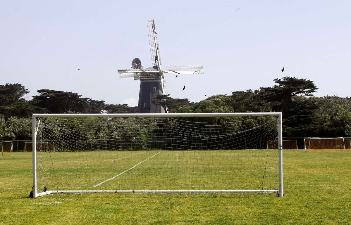 The Beach Chalet Soccer Fields, under the shadow of the Murphy Windmill, at the Western end of Golden Gate Park.