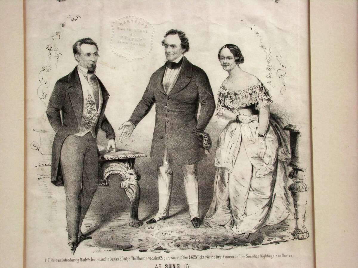 The lovely Swedish Jenny Lind, who took America by storm in 1850, is shown with P.T. Barnum, center, during a drawing for the first ticket for Lind's concert tour. The drawing is courtesy of Bridgeport's Barnum Museum.