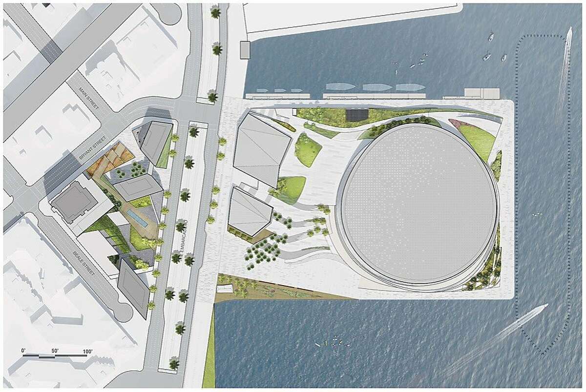 The updated plan for the development that the owners of the Golden State Warriors seek to build on Piers 30-32 and an inland site. The large circle is the proposed 18,000 seat area. The block on the inland side of the Embarcadero would include a hotel and a residential mid-rise.