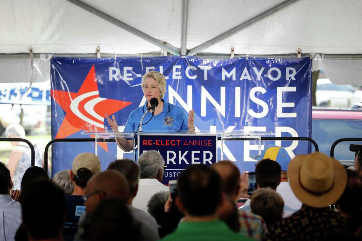 Houston mayor, Annise Parker, speaks to a gathered crowd of supporters, Saturday, May 11, 2013 during a rally to officially announce her run for a third mayoral term, at Stude park in Houston, Texas. (TODD SPOTH FOR THE CHRONICLE)