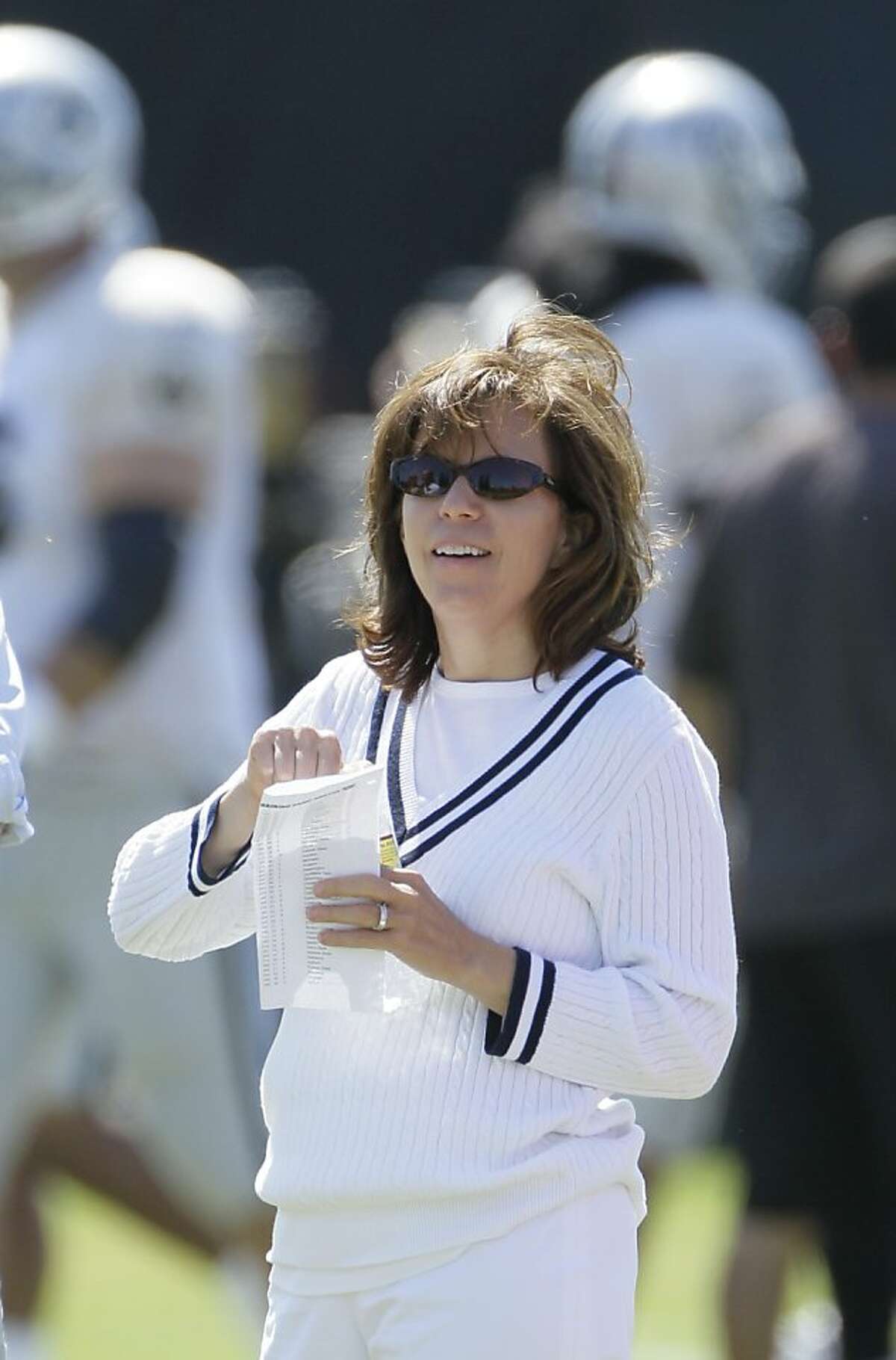 Oakland Raiders CEO Amy Trask during their NFL football training camp in Napa, Calif.,Thursday, Aug. 4, 2011. (AP Photo/Eric Risberg)
