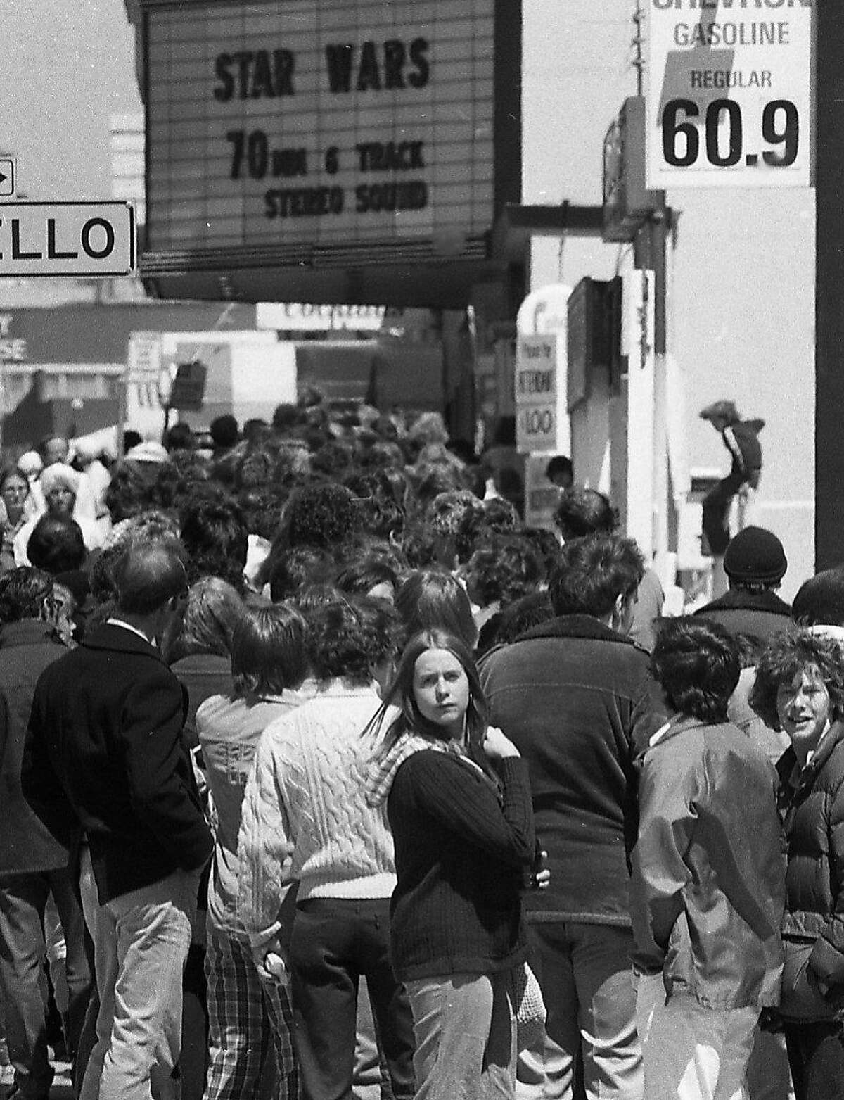May 25, 1977: Fans line up during opening weekend to see "Star Wars" at the Coronet Theatre in San Francisco. The Geary Boulevard movie house seated close to 2,000 and became a Mecca for the "Star Wars" films, before it was demolished in 2007.
